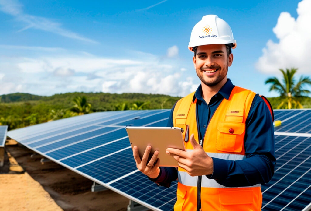 hombre con tablet y casco con fondo de paneles solares